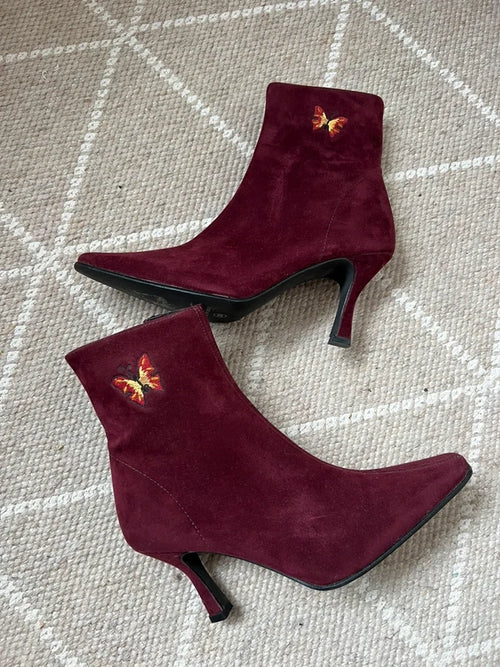 Lolita Lempicka vintage violet suede-effect leather ankle boots with butterflies – size 39