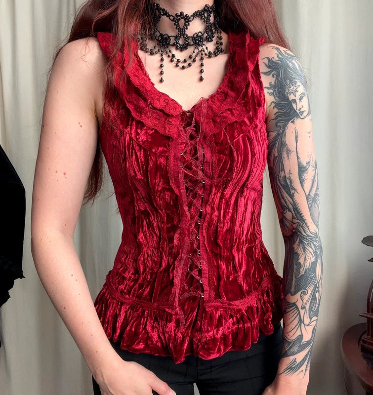 Top bustier en velours bordeaux avec laçage sur le devant et volants – taille M/L