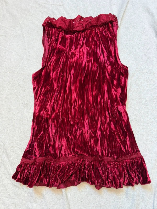 Top bustier en velours bordeaux avec laçage sur le devant et volants – taille M/L
