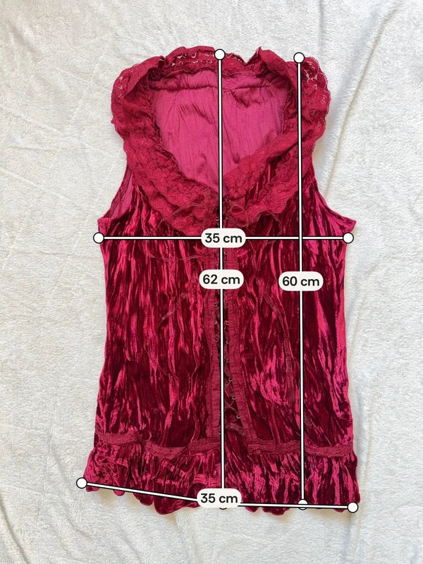 Top bustier en velours bordeaux avec laçage sur le devant et volants – taille M/L