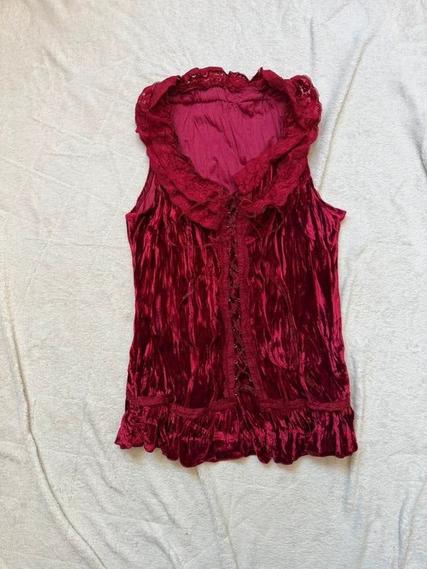 Top bustier en velours bordeaux avec laçage sur le devant et volants – taille M/L