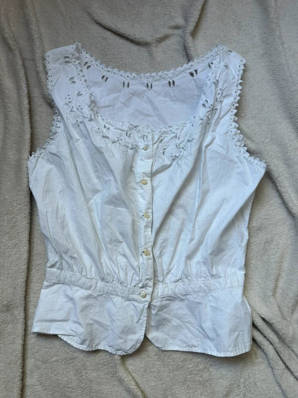 Cache corset blanc boutonné et détails fleuris ajourés – taille XS