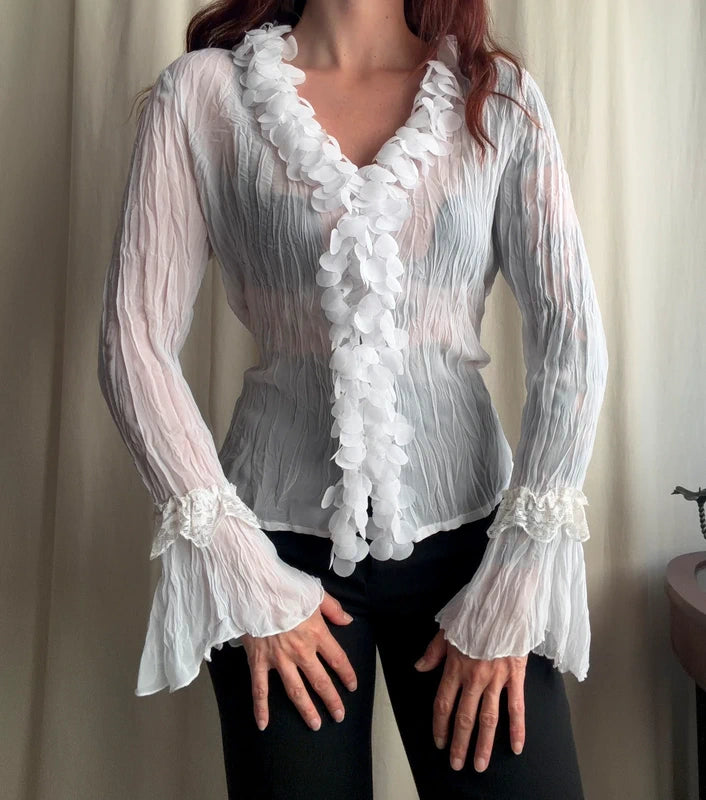 Blouse blanche romantique en tissu froissé transparent avec volants – taille S/M/L