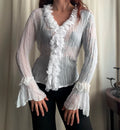 Blouse blanche romantique en tissu froissé transparent avec volants – taille S/M/L