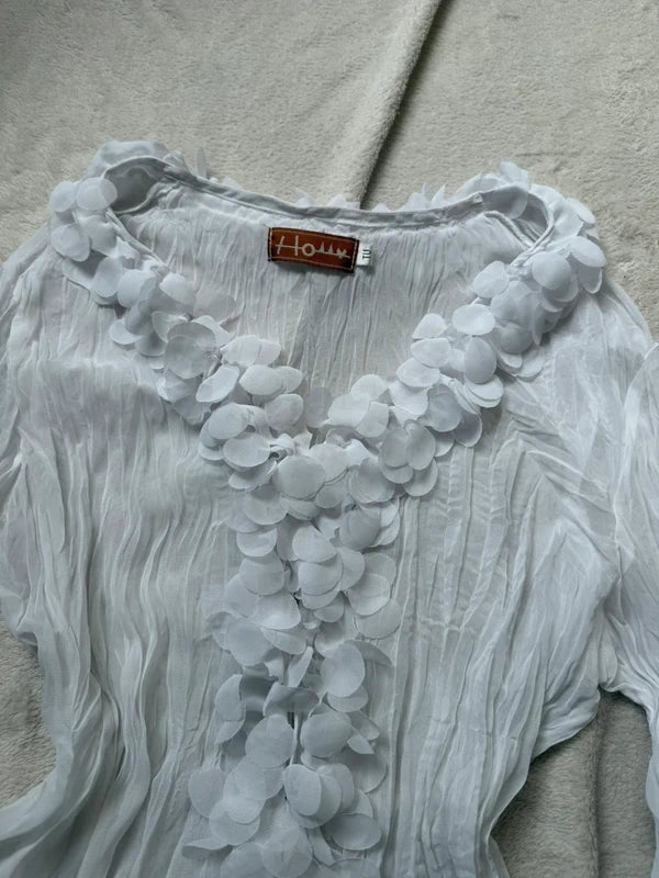 Blouse blanche romantique en tissu froissé transparent avec volants – taille S/M/L
