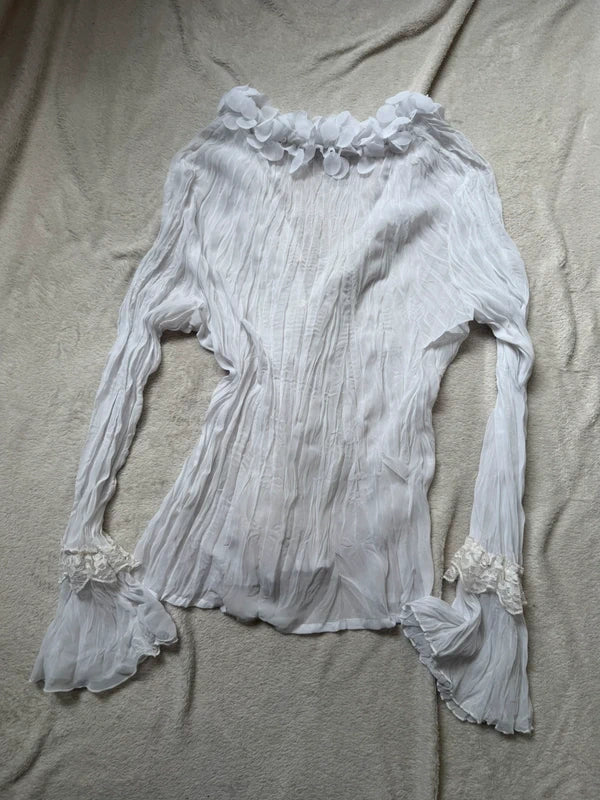 Blouse blanche romantique en tissu froissé transparent avec volants – taille S/M/L