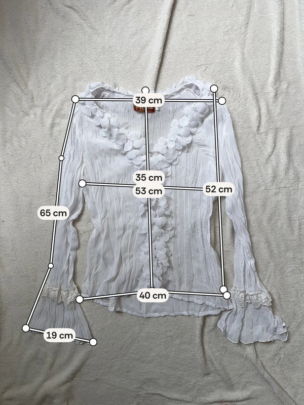 Blouse blanche romantique en tissu froissé transparent avec volants – taille S/M/L