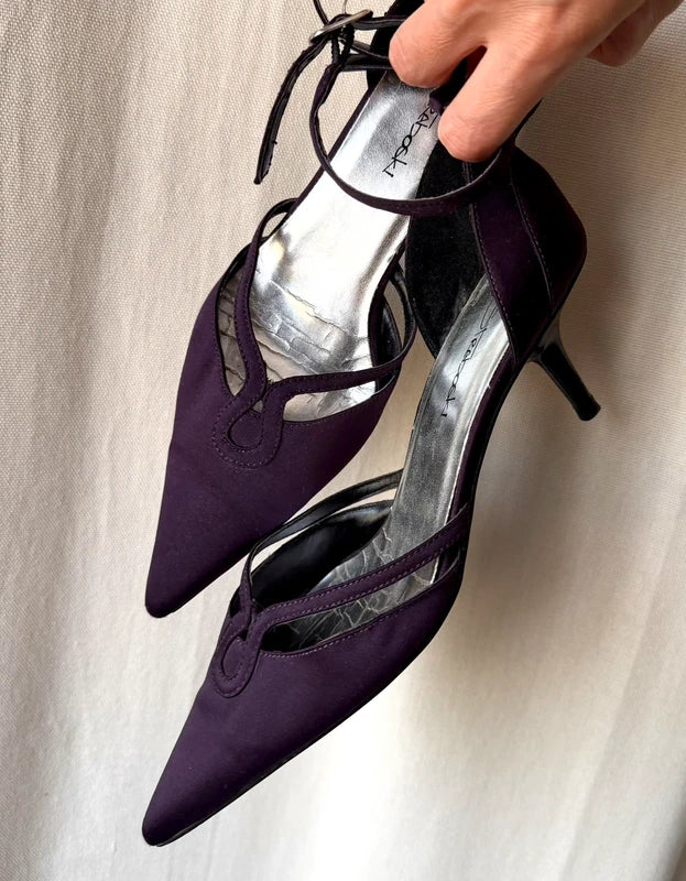 Dark plum pointed toe ankle strap court shoes - size 37