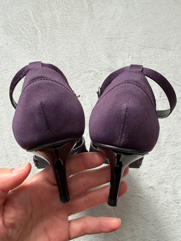Dark plum pointed toe ankle strap court shoes - size 37