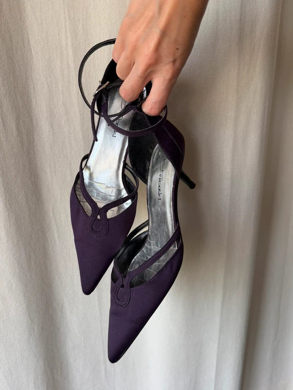 Dark plum pointed toe ankle strap court shoes - size 37