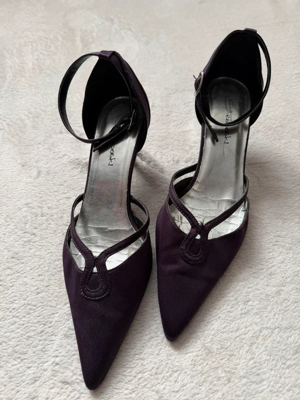 Dark plum pointed toe ankle strap court shoes - size 37