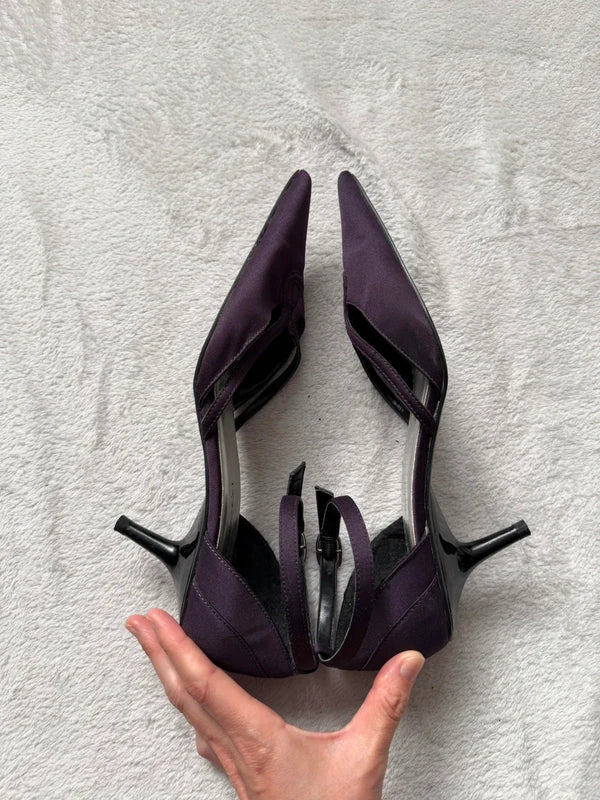 Dark plum pointed toe ankle strap court shoes - size 37