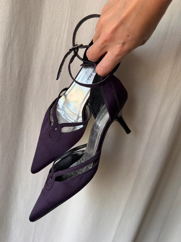 Dark plum pointed toe ankle strap court shoes - size 37