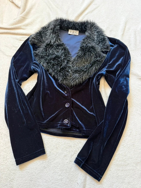 Cardigan en velours bleu nuit avec col en fausse fourrure style vampy années 90 – taille S/M