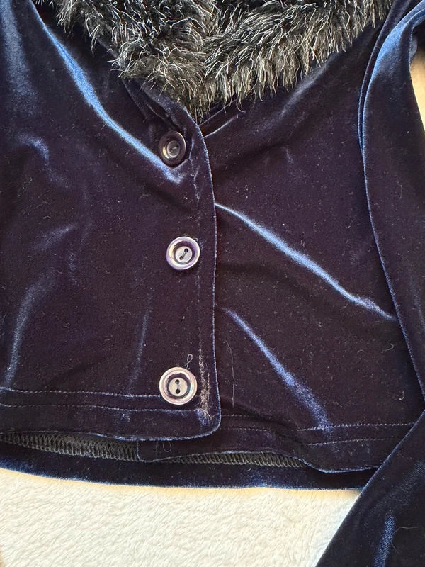 Cardigan en velours bleu nuit avec col en fausse fourrure style vampy années 90 – taille S/M