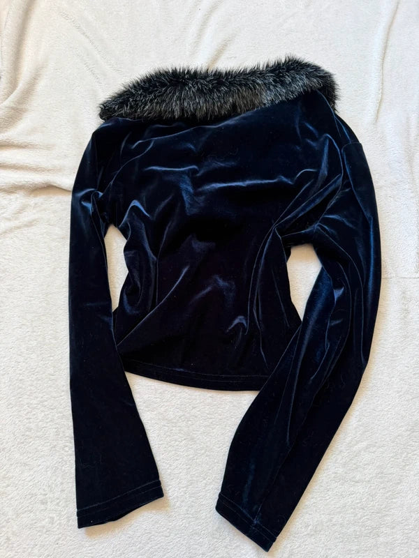 Cardigan en velours bleu nuit avec col en fausse fourrure style vampy années 90 – taille S/M