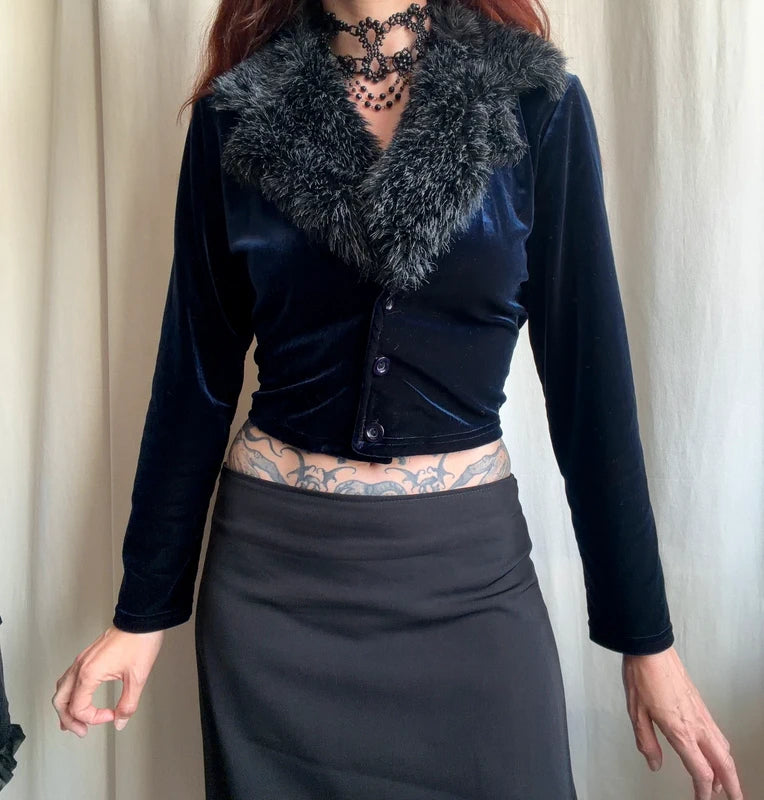 Cardigan en velours bleu nuit avec col en fausse fourrure style vampy années 90 – taille S/M