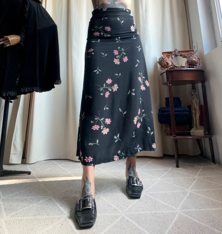 Jupe longue noire fleurie style whimsigoth romantique – taille XS/S