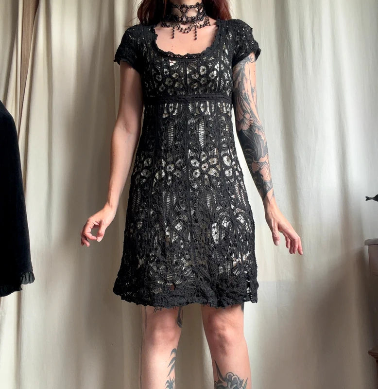 René Derhy floral babydoll dress with openwork crochet in a romantic bohemian style – size S/M