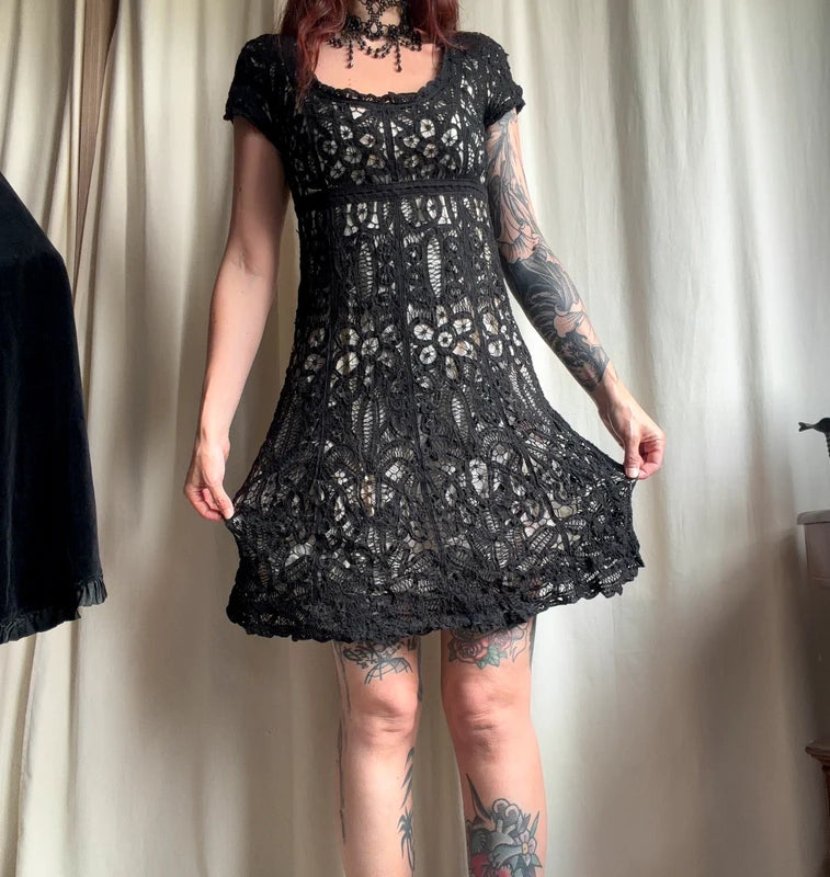 René Derhy floral babydoll dress with openwork crochet in a romantic bohemian style – size S/M