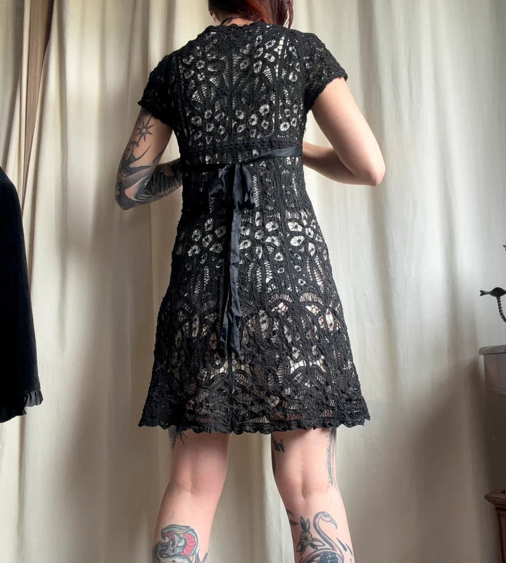 René Derhy floral babydoll dress with openwork crochet in a romantic bohemian style – size S/M