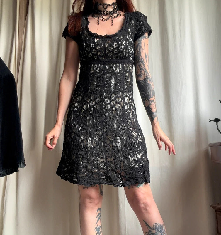 René Derhy floral babydoll dress with openwork crochet in a romantic bohemian style – size S/M