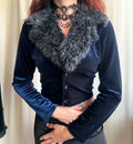 Cardigan en velours bleu nuit avec col en fausse fourrure style vampy années 90 – taille S/M