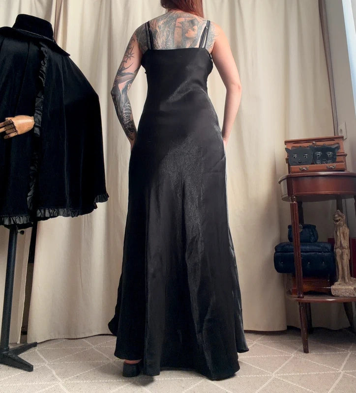 Black long satin dress with matching stole, Old Hollywood glamour style – size S/M