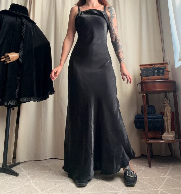 Black long satin dress with matching stole, Old Hollywood glamour style – size S/M
