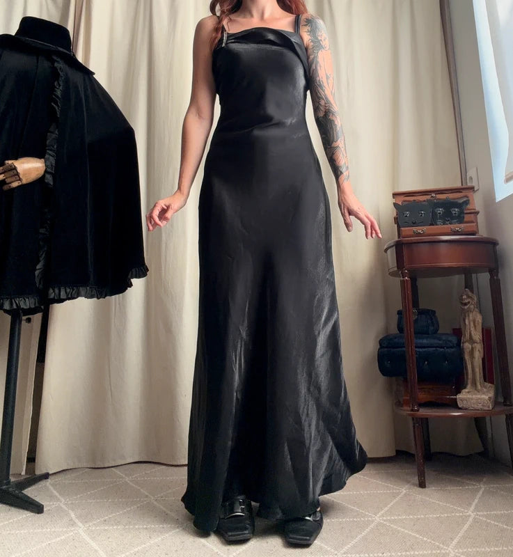 Black long satin dress with matching stole, Old Hollywood glamour style – size S/M