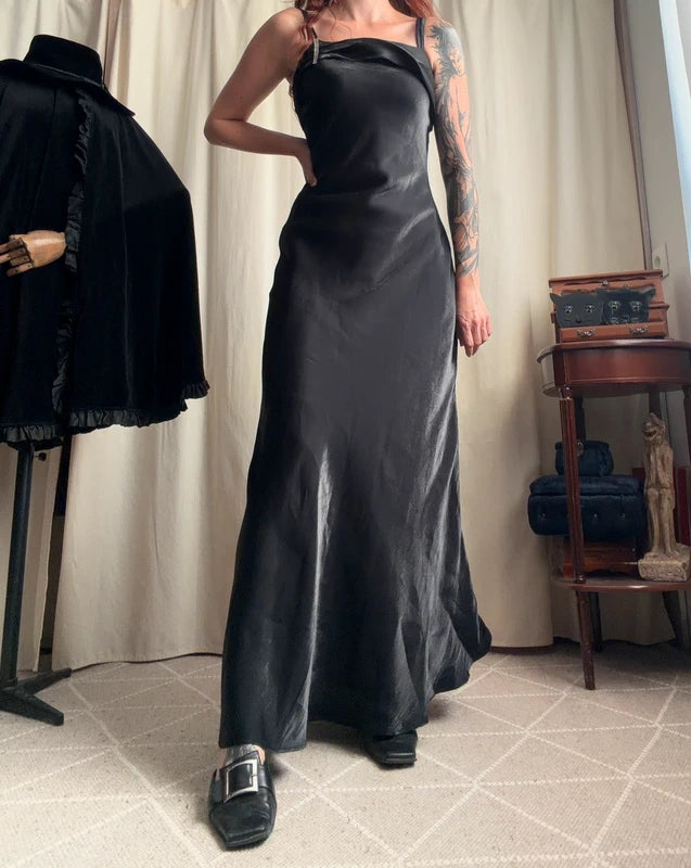 Black long satin dress with matching stole, Old Hollywood glamour style – size S/M