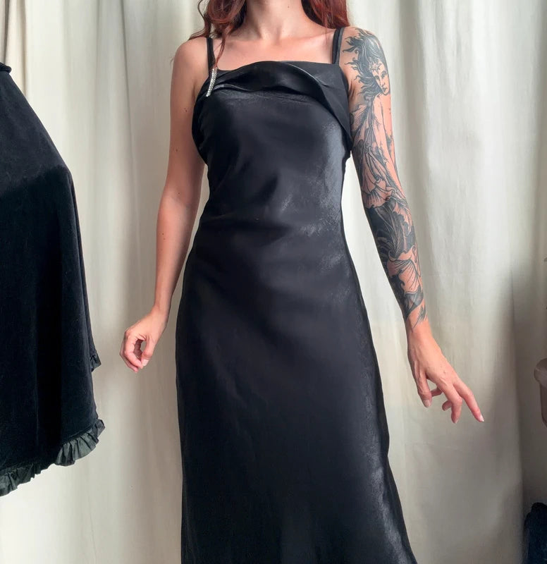 Black long satin dress with matching stole, Old Hollywood glamour style – size S/M