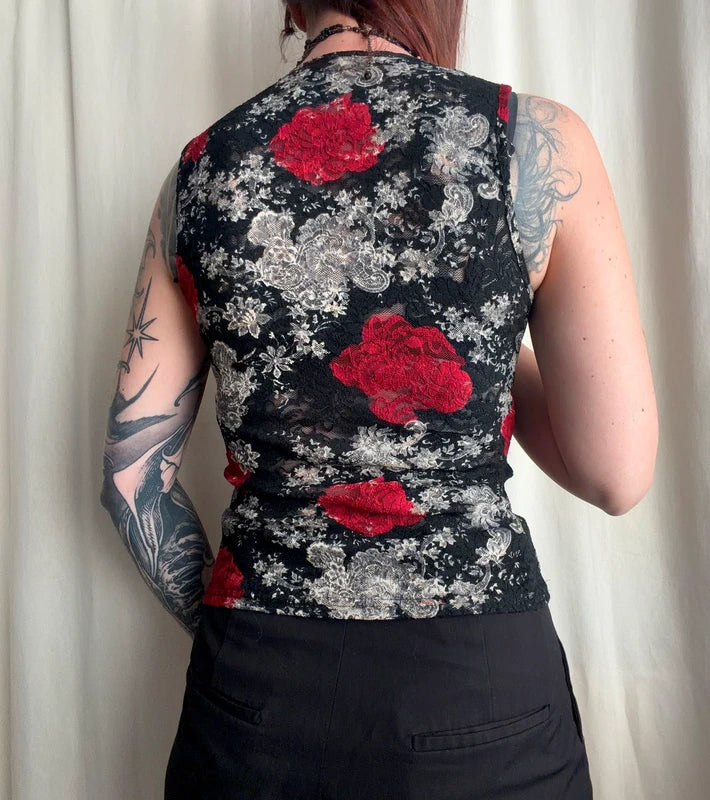 Caraco noir et rouge en dentelle fleurie style whimsigoth 90s – taille XS/S