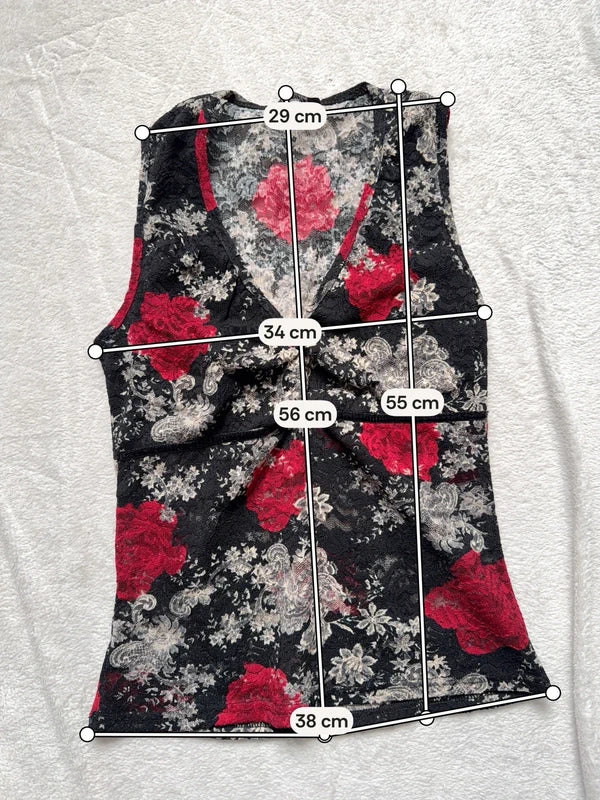 Caraco noir et rouge en dentelle fleurie style whimsigoth 90s – taille XS/S
