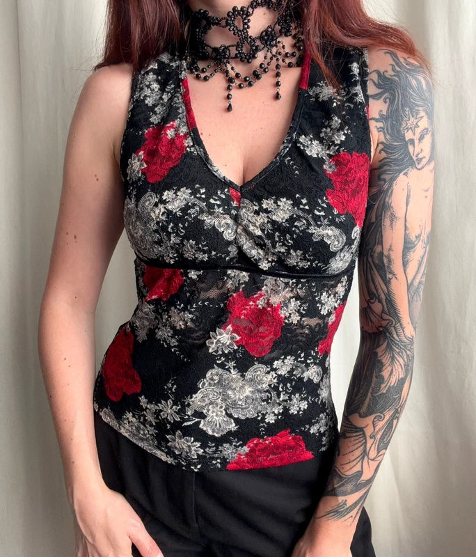 Caraco noir et rouge en dentelle fleurie style whimsigoth 90s – taille XS/S