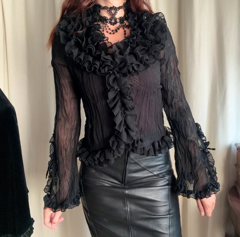 Blouse victorienne noire en mousseline à volants style gothique romantique – taille M