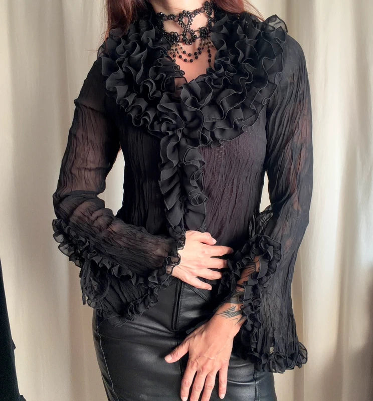 Blouse victorienne noire en mousseline à volants style gothique romantique – taille M