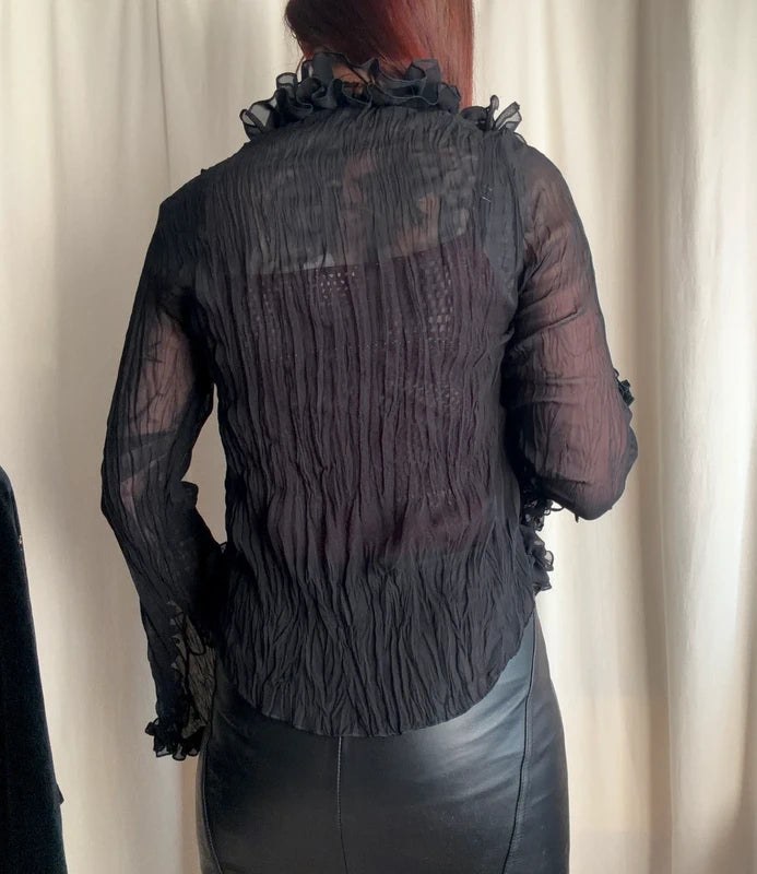 Blouse victorienne noire en mousseline à volants style gothique romantique – taille M