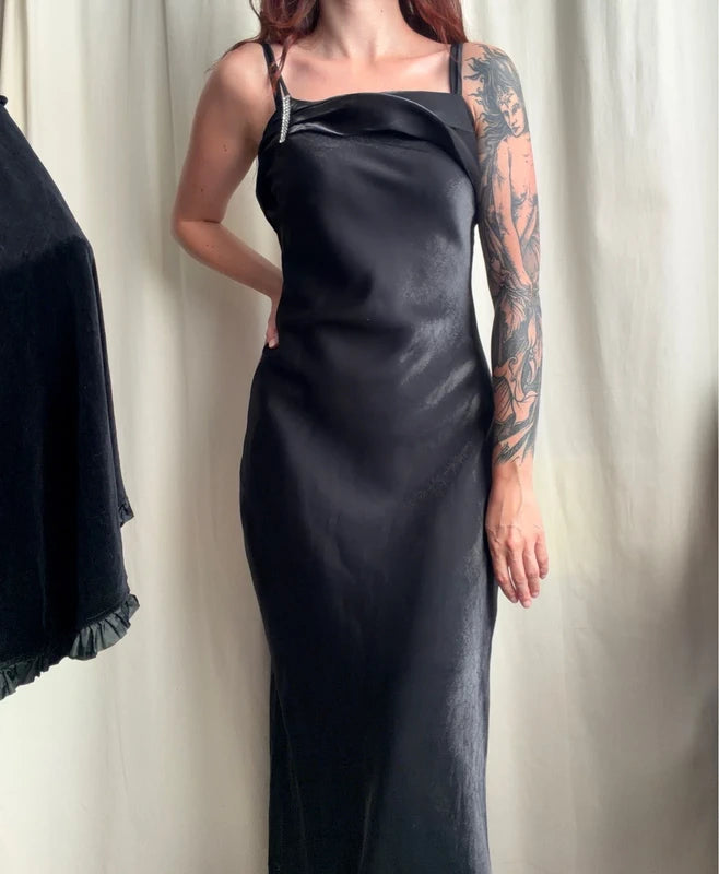 Black long satin dress with matching stole, Old Hollywood glamour style – size S/M
