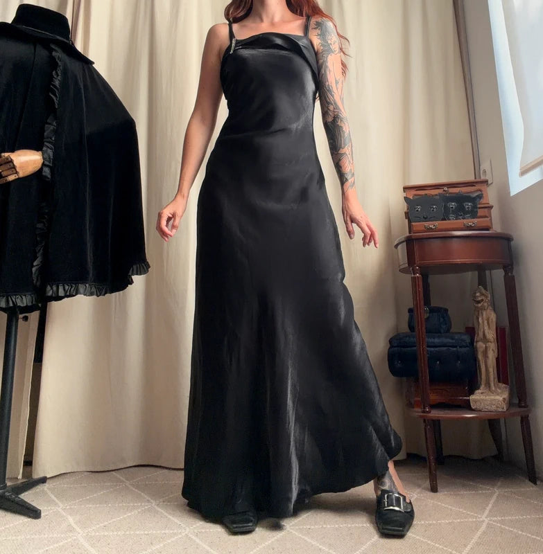 Black long satin dress with matching stole, Old Hollywood glamour style – size S/M