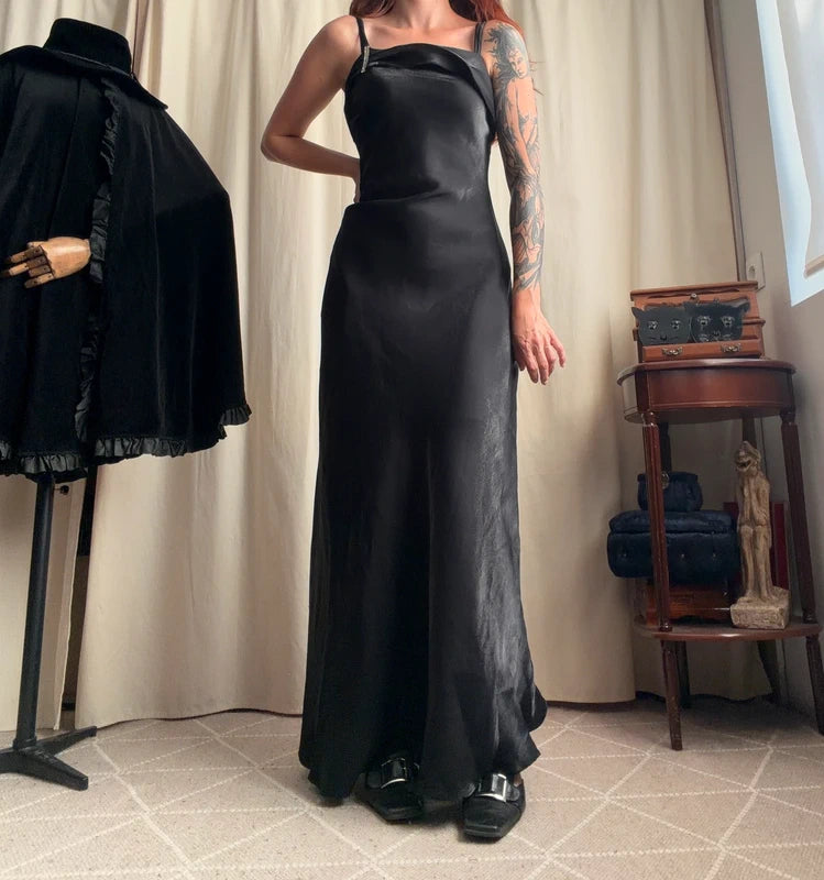 Black long satin dress with matching stole, Old Hollywood glamour style – size S/M