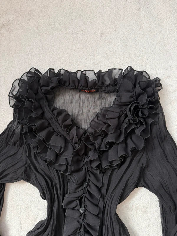 Black Chiffon Ruffled Victorian Blouse, Romantic Goth Style – Size M