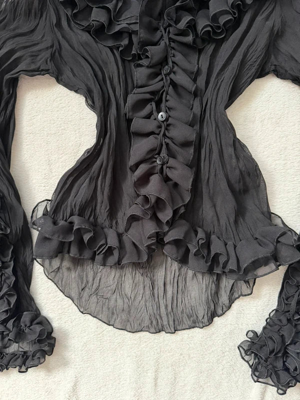 Black Chiffon Ruffled Victorian Blouse, Romantic Goth Style – Size M