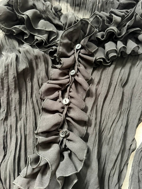 Black Chiffon Ruffled Victorian Blouse, Romantic Goth Style – Size M