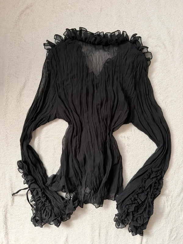 Black Chiffon Ruffled Victorian Blouse, Romantic Goth Style – Size M