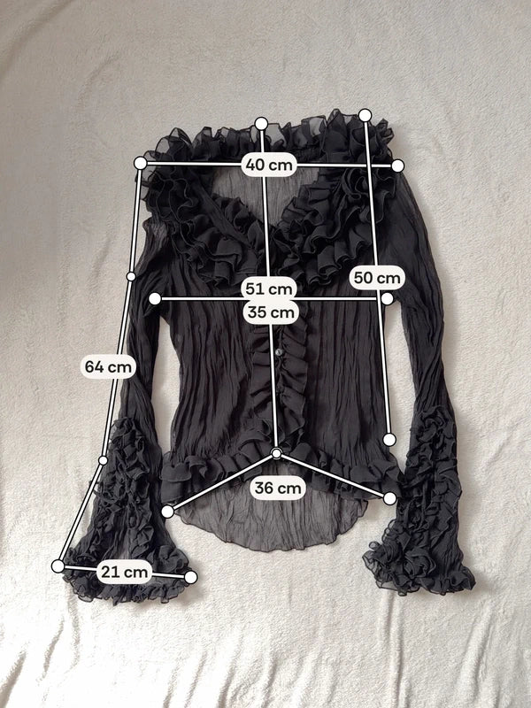 Black Chiffon Ruffled Victorian Blouse, Romantic Goth Style – Size M