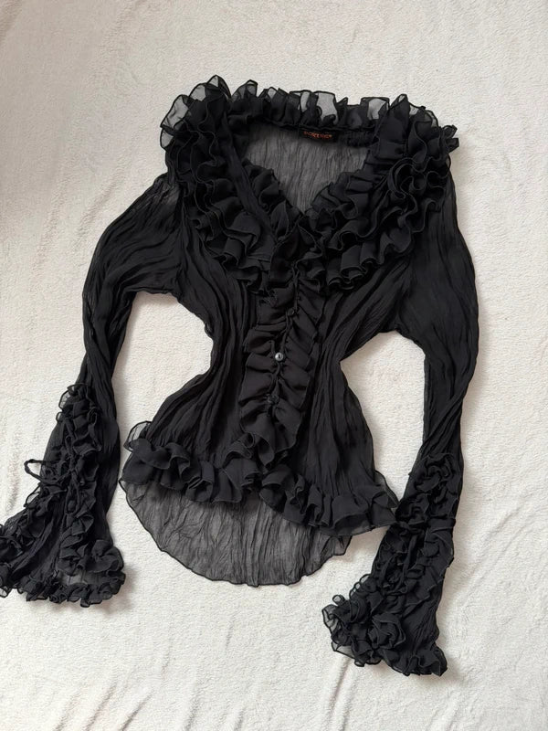Black Chiffon Ruffled Victorian Blouse, Romantic Goth Style – Size M
