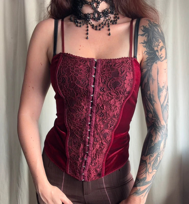 Top corset à crochets bordeaux en velours et dentelle - taille M/L