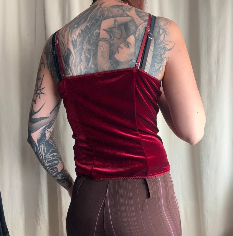 Top corset à crochets bordeaux en velours et dentelle - taille M/L