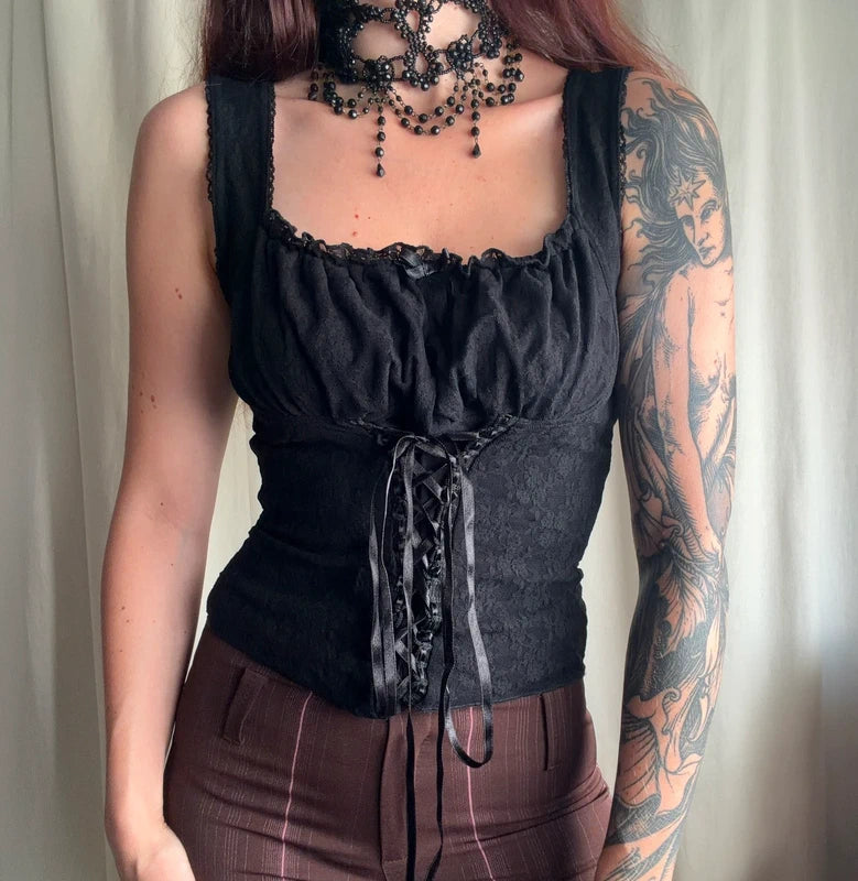 Top caraco corset noir en dentelle style goth romantique 90s – taille S